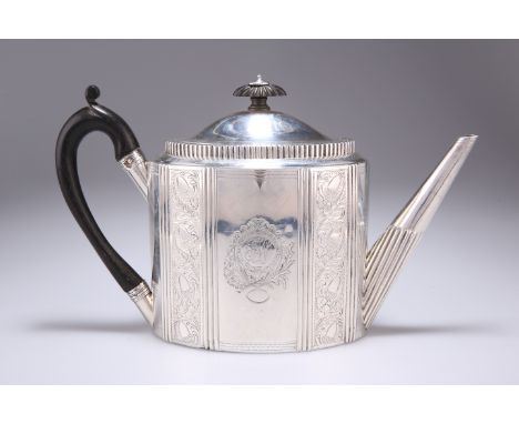 A GEORGE III SILVER TEAPOT, by Henry Chawner, London 1794, oval with reeded bands, engraved with acorns and foliage, French i