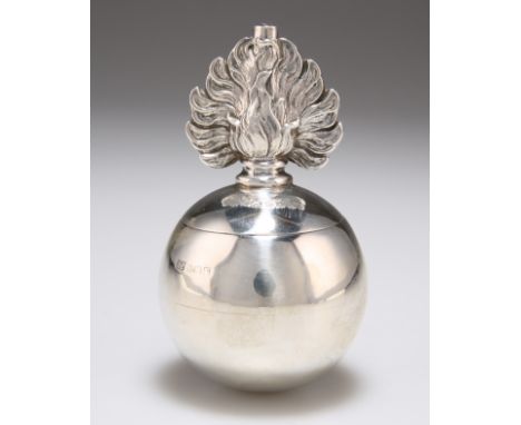 A GEORGE VI SILVER TABLE LIGHTER,&nbsp;by&nbsp;Robert Pringle &amp; Sons, Birmingham 1939, in the form of a flaming grenade. 