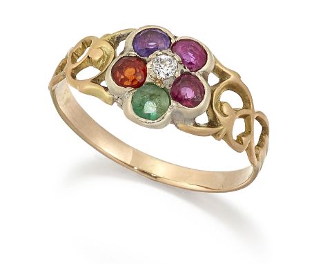 AN ACROSTIC ‘REGARD’ CLUSTER RING, a central cluster of round-cut ruby, emerald, garnet, amethyst, ruby and diamond, to fancy