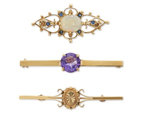 THREE 9 CARAT GOLD BROOCHES, COMPRISING; A 9 CARAT GOLD OPAL AND SAPPHIRE BROOCH, hallmarked London 1987, measures 2cm by 4cm