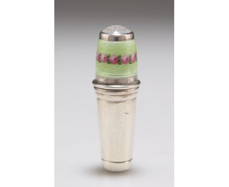 A CONTINENTAL SILVER AND ENAMEL SEWING COMPANION, the screw cap thimble opening to reveal three-bobbin holder with needle cas