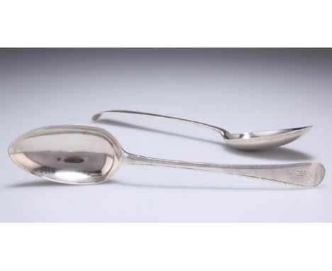 A PAIR OF GEORGE III SILVER FEATHER-EDGED TABLESPOONS,&nbsp;by Hester Bateman, London 1783, Old English pattern, terminal eng