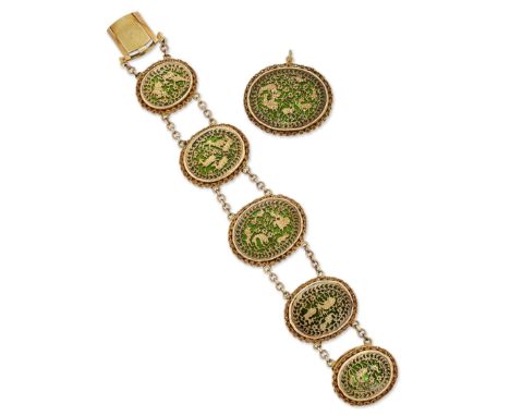 A MID 19TH CENTURY INDIAN PERTABGHAR (RAYPUTANA) ENAMEL BRACELET AND BROOCH/PENDANT SUITE, the bracelet of graduated oval lin