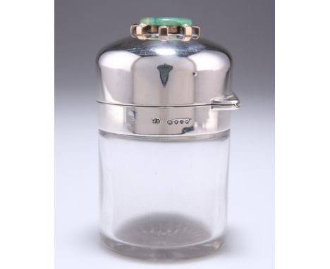 A VICTORIAN SILVER COVERED SCENT BOTTLE, possibly by Jane Brownett, London 1889, cylindrical, the deep cover set with aventur