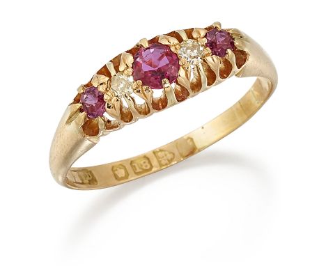 AN 18 CARAT GOLD RUBY AND DIAMOND RING, three graduated round-cut rubies spaced by old-cut diamonds, in extended claw setting