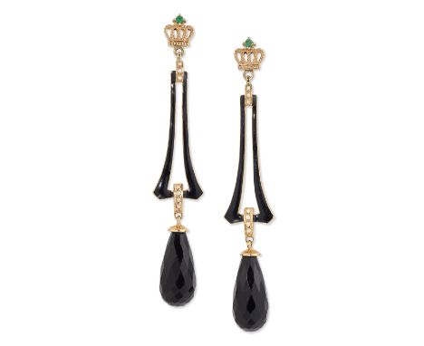 A PAIR OF PASTE, SEED PEARL AND ENAMEL PENDANT EARRINGS, coronet tops set with round-cut emeralds suspend pierced tapering bl