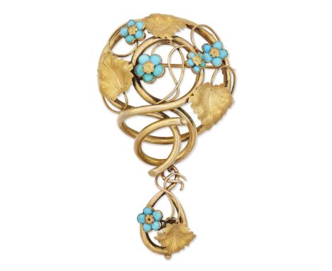 AN ART NOUVEAU TURQUOISE BROOCH, a delicate scrolling wire frame with turquoise set forget me nots amongst textured leaves, s
