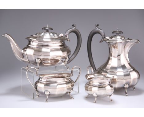 A GEORGE V SILVER FOUR PIECE TEA SERVICE,&nbsp;by Emile Viner, Sheffield 1931 and 1932, faceted bulbous oval shape, each piec