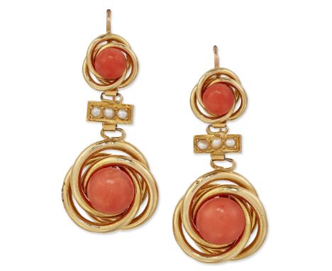 A PAIR OF CORAL AND SPLIT PEARL PENDANT EARRINGS, the tops set with round coral with triple hoop frames suspending a larger c