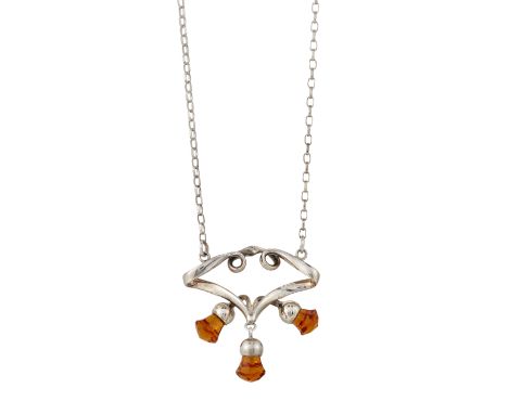 AN ART NOUVEAU SILVER AND PASTE PENDANT ON CHAIN, BY CHARLES HORNER, designed as a kite-shaped scroll frame suspending three 