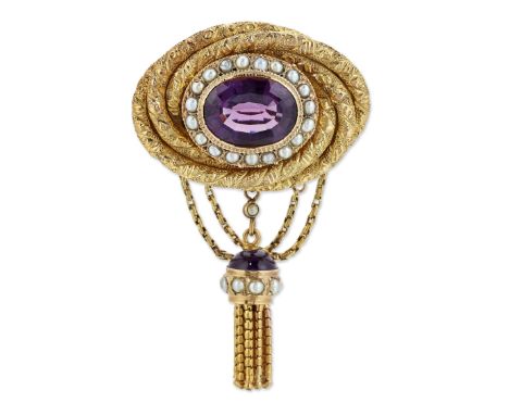 A VICTORIAN AMETHYST AND SEED PEARL BROOCH,&nbsp;an oval-cut amethyst in a rub over setting, within a border of seed pearls a