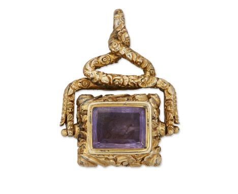 A 19TH CENTURY SWIVEL FOB, set with rectangular-cut amethyst and carnelian, within a heavily foliate and shell cast mount. Me