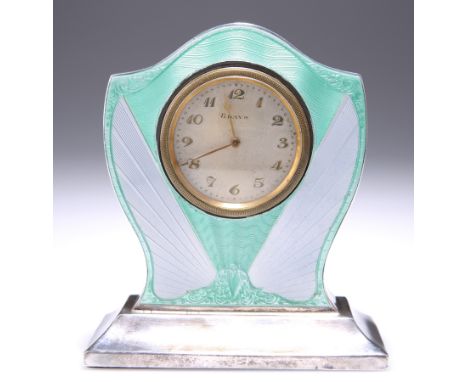 AN ART DECO SILVER AND ENAMEL MANTEL CLOCK,&nbsp;by&nbsp;James Dixon &amp; Sons Ltd, Birmingham 1932, the waisted case with g