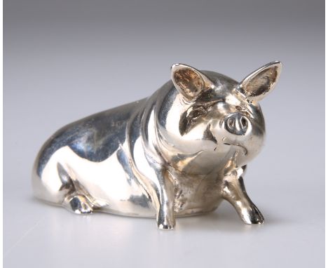 AN ELIZABETH II SILVER MODEL OF A PIG,&nbsp;by Edward Barnard &amp; Sons Ltd, London 1972, plain, cast in a seated pose raise