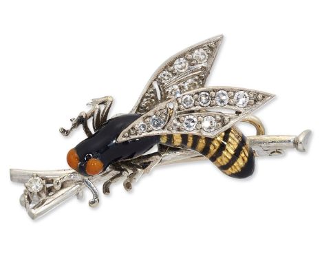 A NOVELTY DIAMOND AND ENAMEL WINGED INSECT BROOCH, with eight-cut diamond pierced wings and an enamelled body, to a diamond s