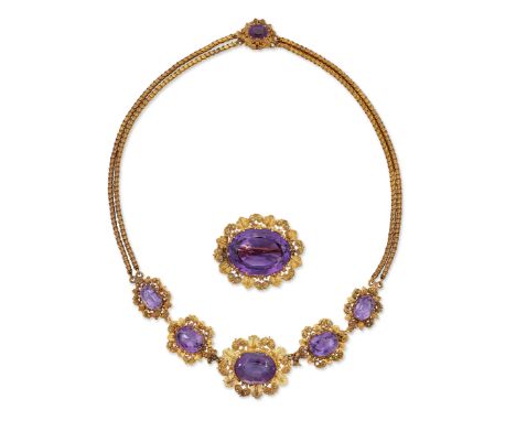 A 19TH CENTURY AMETHYST NECKLACE AND BROOCH SUITE, the necklace with five graduated links each with an oval-cut amethyst in c