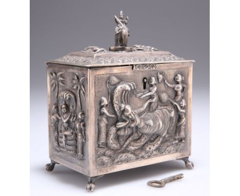 A BURMESE SILVER CADDY, late 19th/early 20th Century, rectangular, the hinged cover with finial in the form of a mounted elep