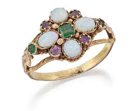 AN EMERALD, OPAL AND RUBY CLUSTER RING, an octagonal-cut emerald within a border of oval opals and cushion-cut rubies, to gem