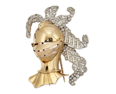 A NOVELTY DIAMOND CLIP BROOCH, a helmet with a hinged visor with a milgrain and pierced diamond set plume, total estimated di