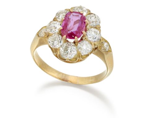 A BURMA RUBY AND DIAMOND CLUSTER RING, a cushion-cut ruby within a border of old-cut diamonds, to diamond set angular shoulde