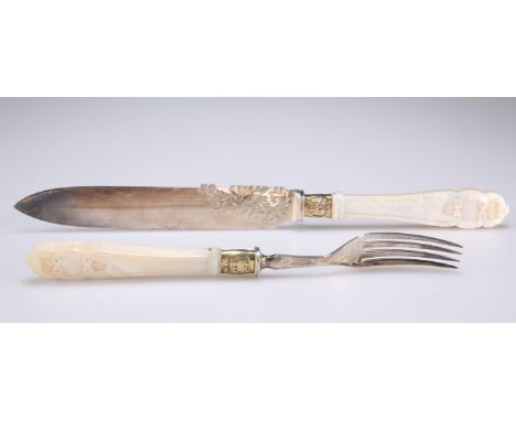 A VICTORIAN SILVER, SILVER-GILT AND MOTHER-OF-PEARL SERVING KNIFE AND FORK,&nbsp;by&nbsp;Henry Wilkinson &amp; Co, Sheffield 