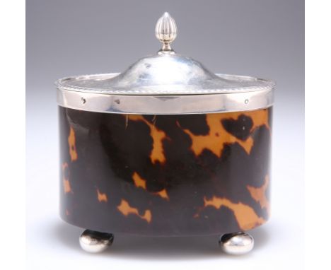 AN EDWARDIAN SILVER MOUNTED TORTOISESHELL TEA CADDY,&nbsp;by Charles Westwood &amp; Sons,&nbsp;Birmingham 1908, oval form, ra