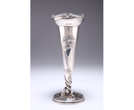 AN ART NOUVEAU SILVER VASE,&nbsp;by&nbsp;William Hutton &amp; Sons Ltd, London 1901, the conical body chased with stylised fo