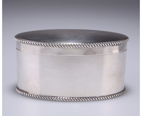 A GEORGE V SILVER BOX,&nbsp;by William Base &amp; Sons, Birmingham 1928, oval, hinged cover, with rope twist border to top an