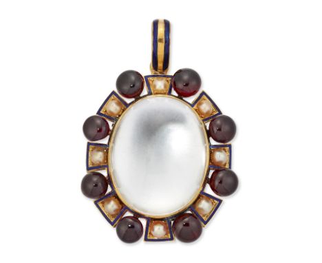 A GARNET, SPLIT PEARL AND ROCK CRYSTAL PENDANT, a domed oval rock crystal centre within a frame of alternating round cabochon