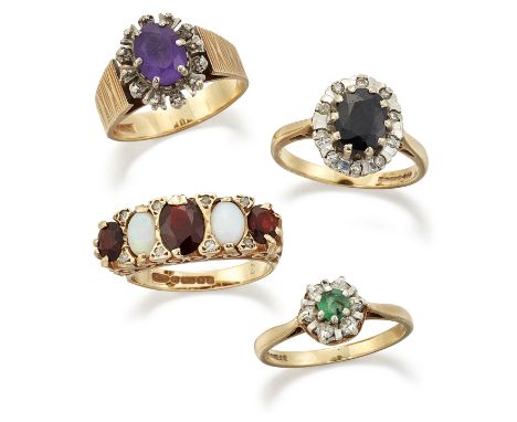 FOUR 9 CARAT GOLD GEM SET RINGS, COMPRISING; A 9 CARAT GOLD OPAL, GARNET AND DIAMOND RING, hallmarked Birmingham 1976, ring s