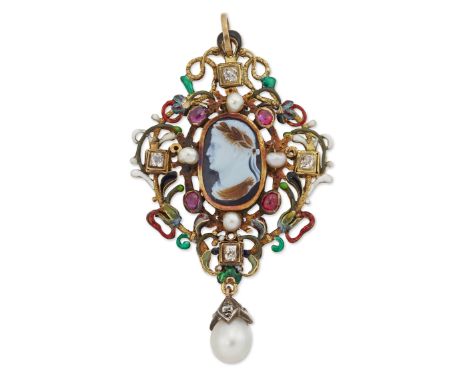 A FRENCH COMMESSO HARDSTONE CAMEO AND GEM-SET PENDANT, an oval hardstone cameo caved depicting a Roman emperor within an orna