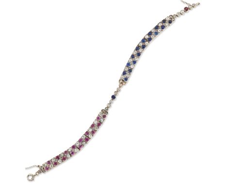 AN ART DECO SAPPHIRE, RUBY AND DIAMOND BRACELET, one half having two rows of alternating round-cut sapphires and old-cut diam