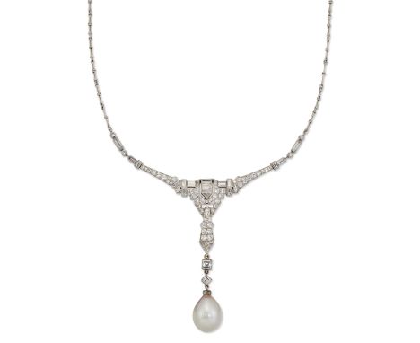 TIFFANY & CO: A NATURAL SALTWATER PEARL AND DIAMOND NECKLACE, the articulated V-shaped centre set throughout with round-cut a