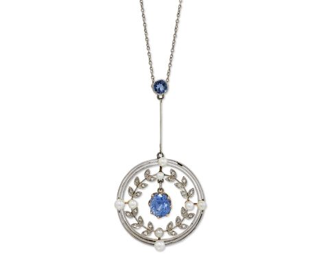 AN EARLY 20TH CENTURY SAPPHIRE AND DIAMOND PENDANT ON CHAIN, a cushion-cut sapphire drop within a diamond set laurel wreath a