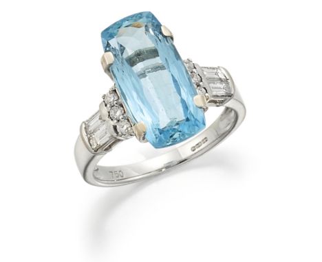 AN 18 CARAT WHITE GOLD AQUAMARINE AND DIAMOND RING, a cushion-cut aquamarine to shoulders set with round and baguette-cut dia