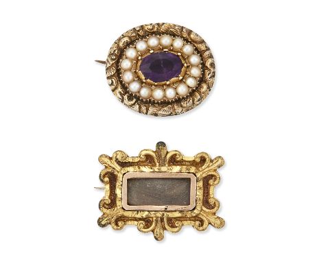 TWO GEORGIAN BROOCHES, COMPRISING; AN AMETHYST AND SEED PEARL BROOCH, an oval-cut amethyst within a border of seed pearls and