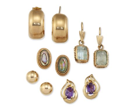 FIVE PAIRS OF EARRINGS; COMPRISING A PAIR OF 9 CARAT GOLD PAUA SHELL STUD EARRINGS; A PAIR OF 9 CARAT GOLD HALF HOOP EARRINGS