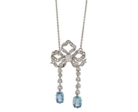 AN EARLY 20TH CENTURY AQUAMARINE AND DIAMOND PENDANT ON CHAIN, a diamond bow with a central old-cut diamond and suspending tw