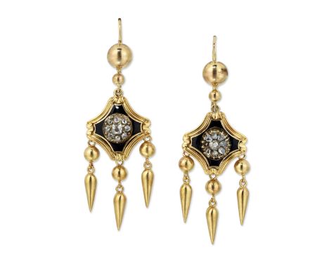 A PAIR OF DIAMOND AND ENAMEL PENDANT EARRINGS, dome and ball links suspend quatrefoil plaques with a central cluster of old-c