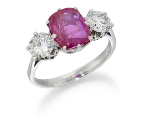 A BURMA RUBY AND DIAMOND RING, a cushion-cut ruby between two round brilliant-cut diamonds, to knife-edge shoulders, total es