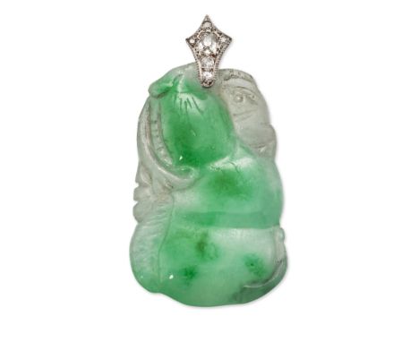 A JADE AND DIAMOND PENDANT, a carved jade plaque depicting a gourd, to a diamond set kite-shaped bail, total estimated diamon