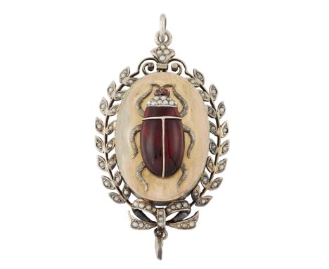 A RED GLASS AND SEED PEARL PENDANT, a beetle with red glass and seed pearl set body within a seed pearl set leaf and ribbon f