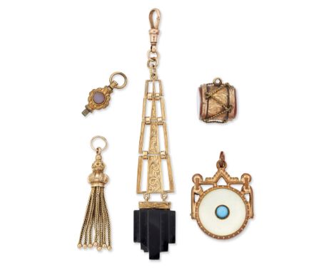 FOUR VARIOUS FOBS, COMPRISING; AN ART DECO ONYX FOB, tapering pierced links with a central foliate engraved band terminating 