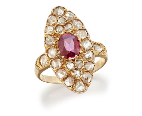 A RUBY AND DIAMOND NAVETTE RING, an oval-cut ruby within a frame set with rose-cut diamonds, to rose-cut diamond set shoulder