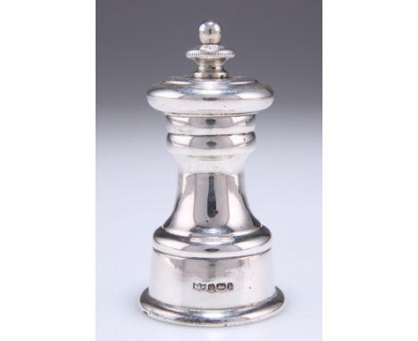 AN EDWARDIAN SILVER PEPPER MILL,&nbsp;by Mappin &amp; Webb, Sheffield 1909, of plain capstan form. 8.5cm highThe absence of a