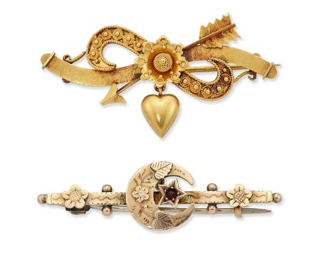 TWO LATE VICTORIAN BROOCHES, COMPRISING; A SENTIMENTAL BROOCH, a central cannetille flower head crossed by a cannetille scrol