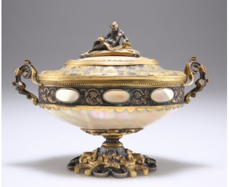 A 19TH CENTURY CONTINENTAL GILT-METAL MOUNTED MOTHER-OF-PEARL JEWEL CASKET,&nbsp;of two-handled urn form, the hinged cover wi