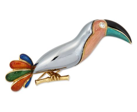 WEMPE: A DIAMOND, HEMATITE AND ENAMEL NOVELTY TOUCAN BROOCH, modelled perched on a branch, with a round brilliant-cut diamond