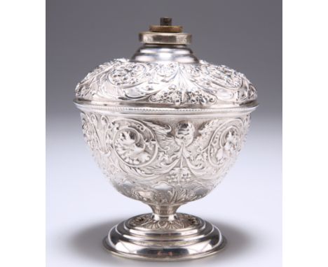 A VICTORIAN SILVER LAMP BASE,&nbsp;by&nbsp;John Newton Mappin, London 1887, chased with winged cherub masks and scrolling fol