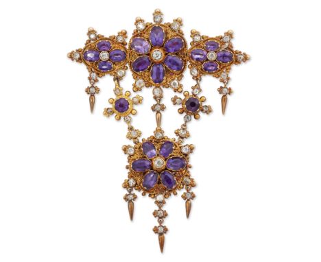 AN AMETHYST AND DIAMOND BROOCH, three clusters of oval-cut amethyst and old-cut diamonds within fancy granulated frames surro